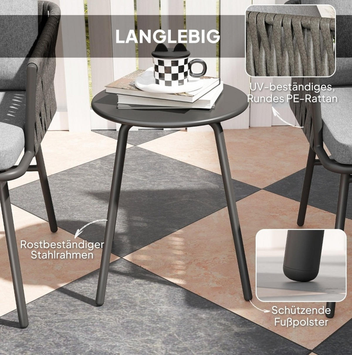 BISTROSET 58/63/69 cm mit 2 Sesseln, Tisch und abnehmbaren Kissen, Stahl, Grau - Grau, Metall - Redom