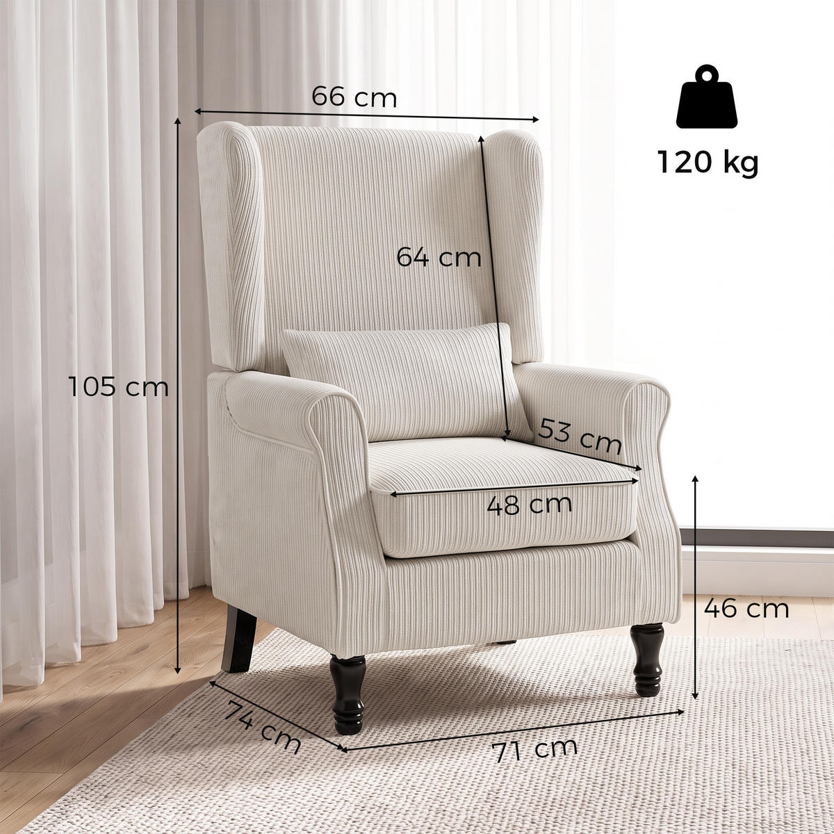 SESSEL Cord Sperrholz Beige - Beige/Schwarz, Holz/Textil (71/105/74cm) - HOMCOM