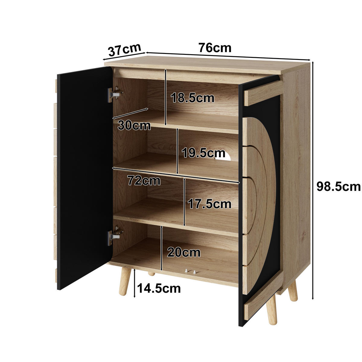 SCHUHSCHRANK 76/37/98,5 cm mit mehrstufigem Stauraum und geometrischen Türen, Schwarz/Natur - Schwarz, Holzwerkstoff (76/98.5/37cm) - Redom