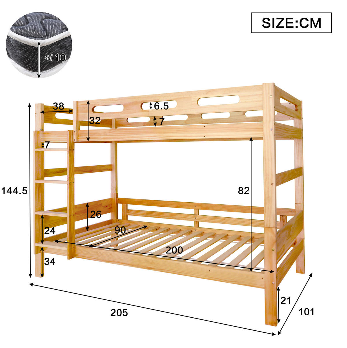 ETAGENBETT 90/200 cm aus Kiefer massiv teilbar in 2 Einzelbetten - Naturfarben, Holz (90/200cm) - BEAOK