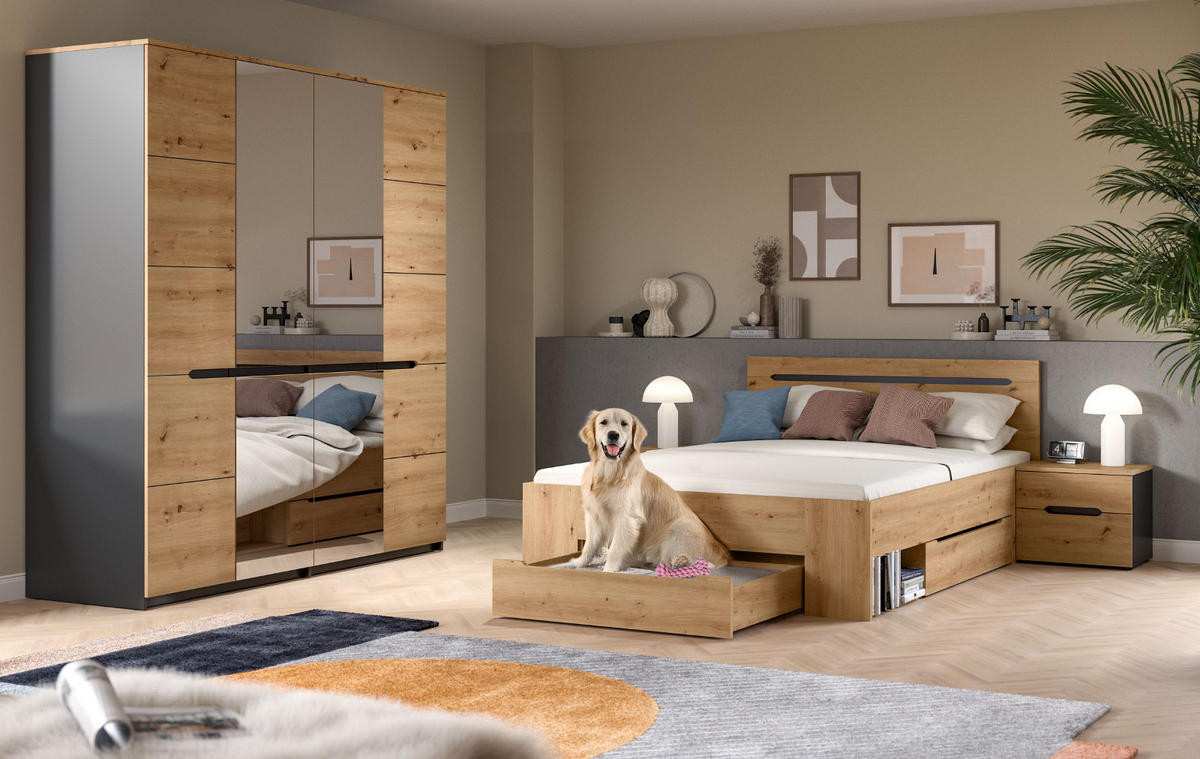 SCHLAFZIMMER Eiche Artisan, grau 4-teilig, Komplettset mit viel Stauraum - Eiche Artisan/Grau, Glas/Holzwerkstoff - Inn.Furn