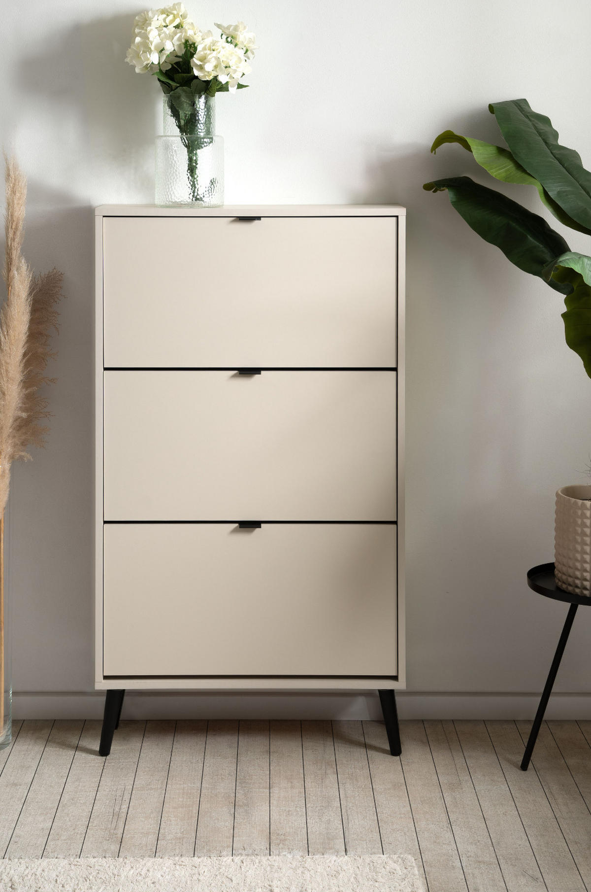 SCHUHSCHRANK samt 70 x 125 cm, Schuhkipper mit großen 3 Klappen - Beige/Schwarz, Holz/Holzwerkstoff (70/125/24cm) - Furn.Design