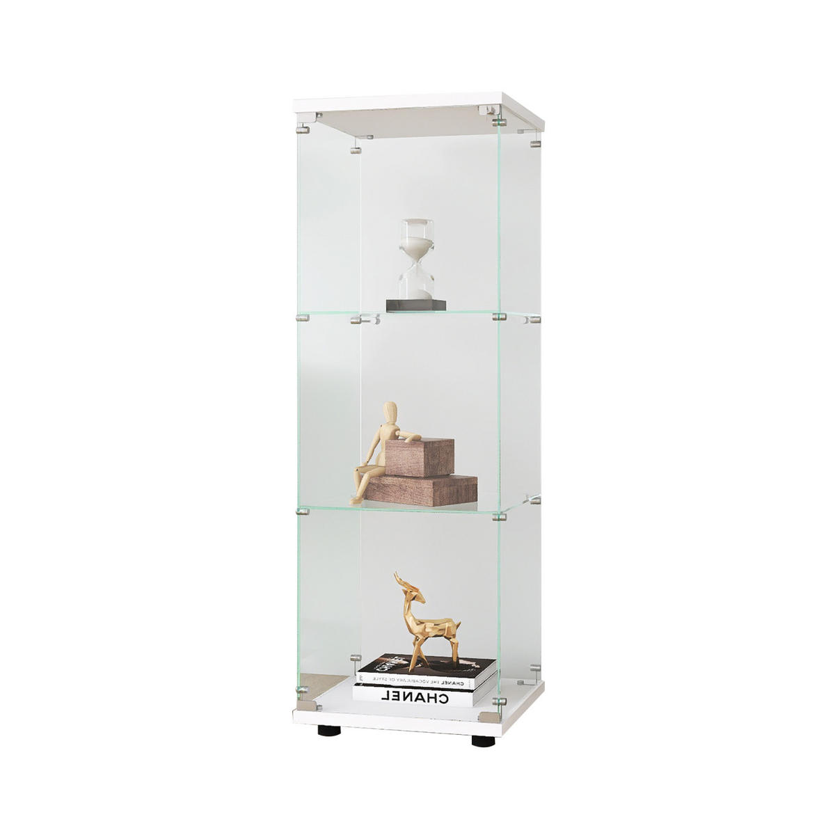 VITRINE Glas, 3 Etagen mit Tür und Schloss, 5 mm gehärtetes Glas, Schwarz - Weiß, Glas (36.5/125/42.5cm)