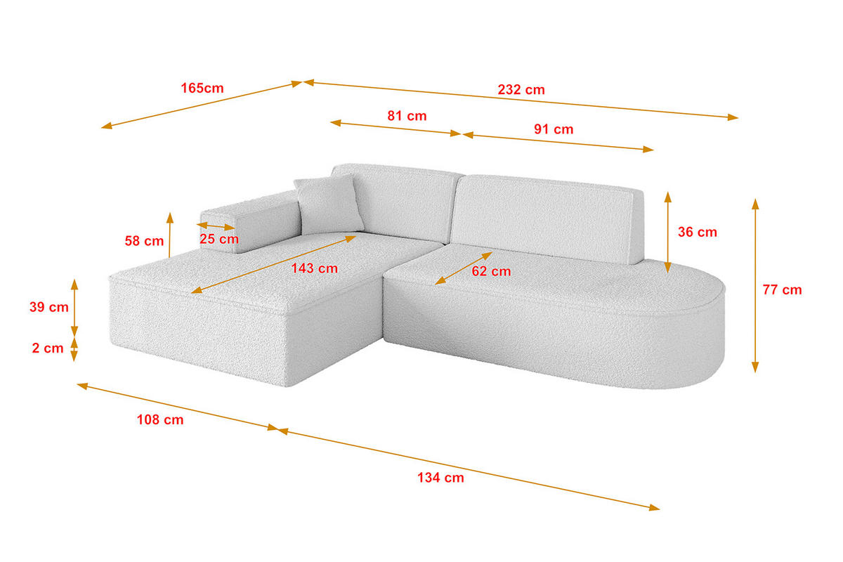 ECKSOFA Ottomane Links IREA-L1-v4 - 232x165x77 cm Weiß - Weiß, Holzwerkstoff/Textil (232/165cm) - ALTDECOR