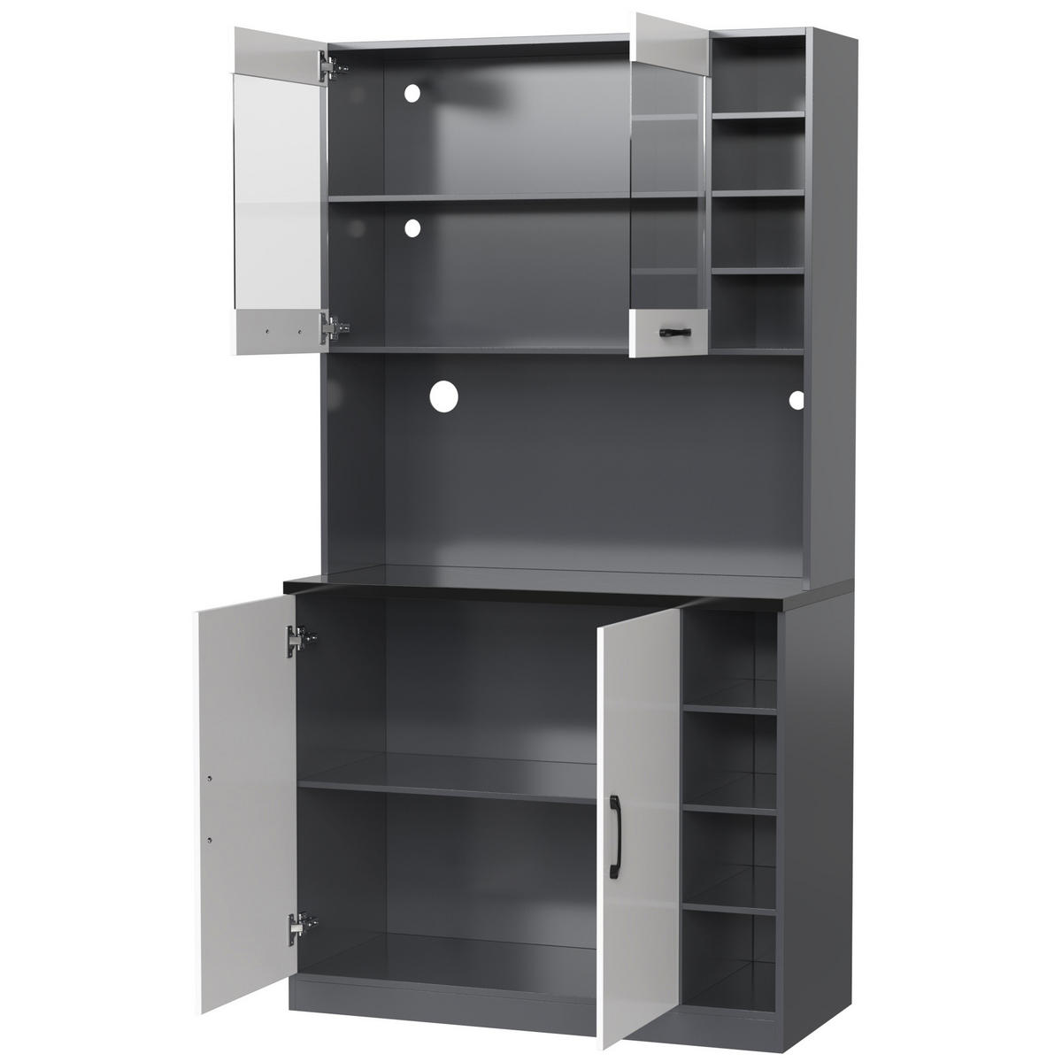 BUFFET 100/47/187 cm in Grau/Weiß mit LED-Beleuchtung und verstellbaren Fächern - Weiß, Holzwerkstoff (100/187/47cm) - Flora Grace