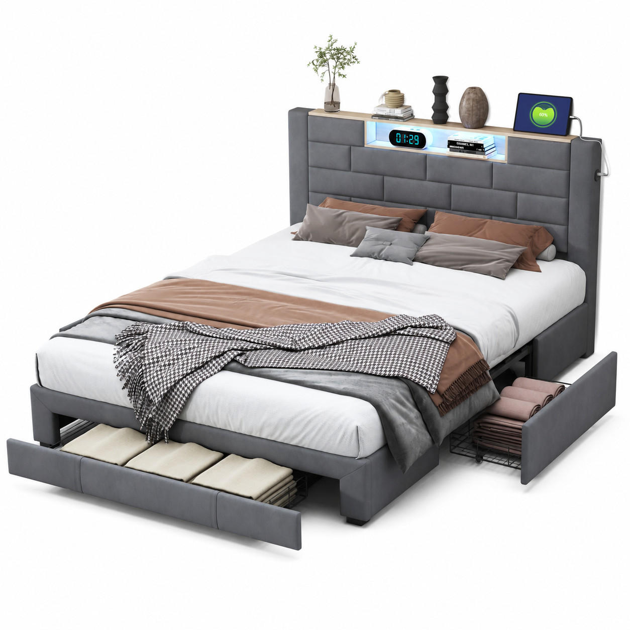 POLSTERBETT 160/200 cm mit LED, USB, Kopfteilregal & Stauraumschubladen - Grau, Holz/Metall (160/200cm) - Joyfair