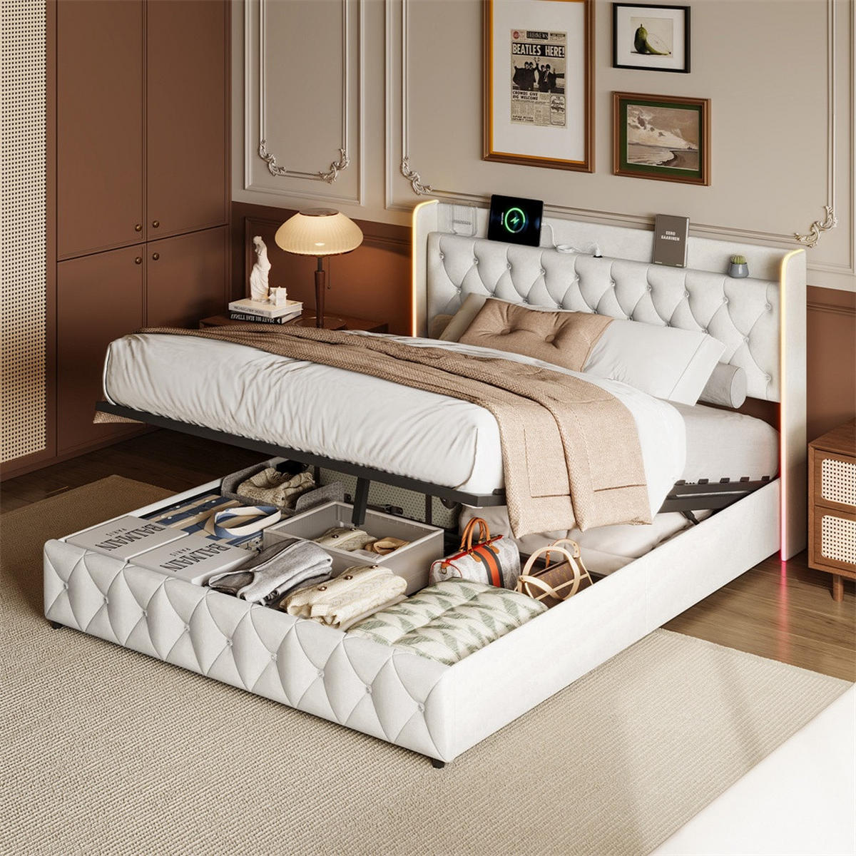 POLSTERBETT 160x200 cm - Doppelbett mit hydraulischem Stauraum und LED - ohne Matratze - Beige - Beige, Textil (160/200cm) - DELFA