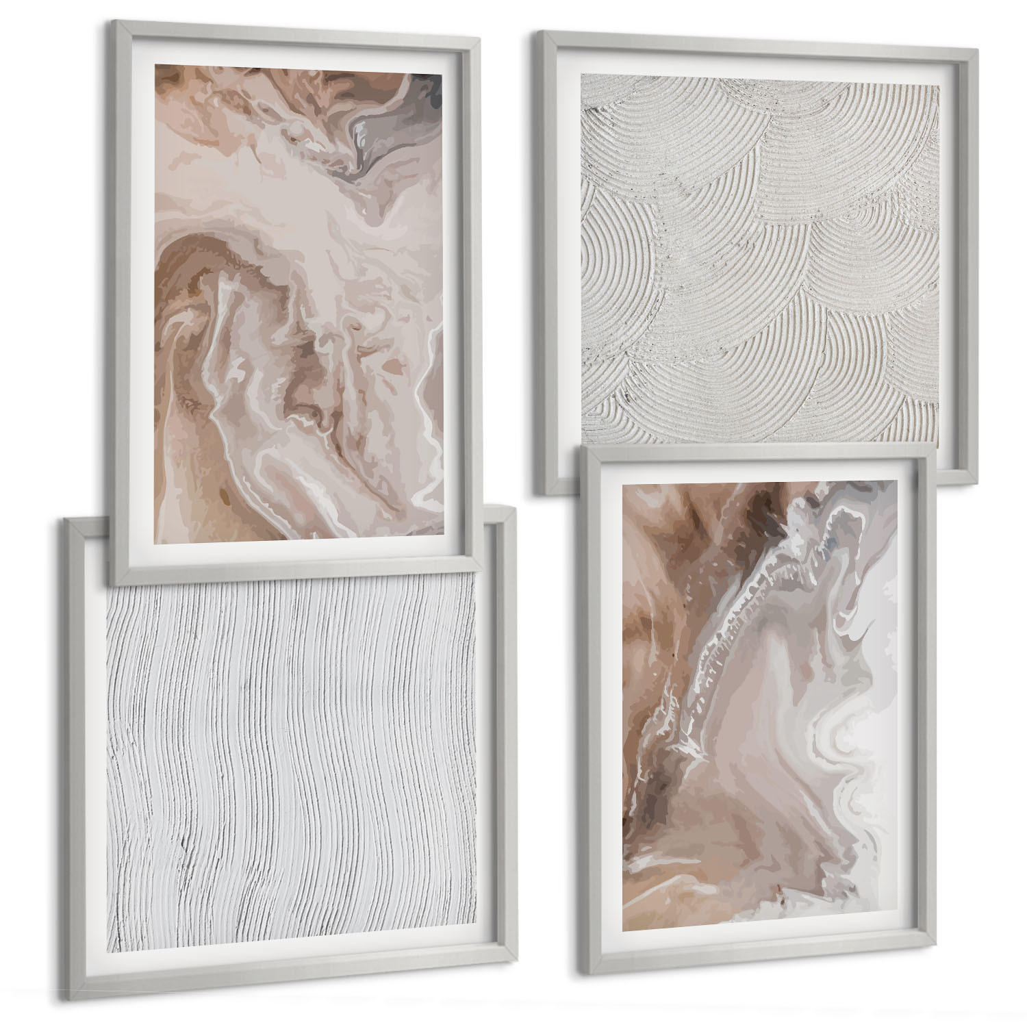 BILDER SET 4er Set - 50x50 cm & 40x60 cm Silberner Rahmen - Abstrakte Marmormuster aus Stein - Silberfarben, Kunststoff (50/50cm) - TULUP