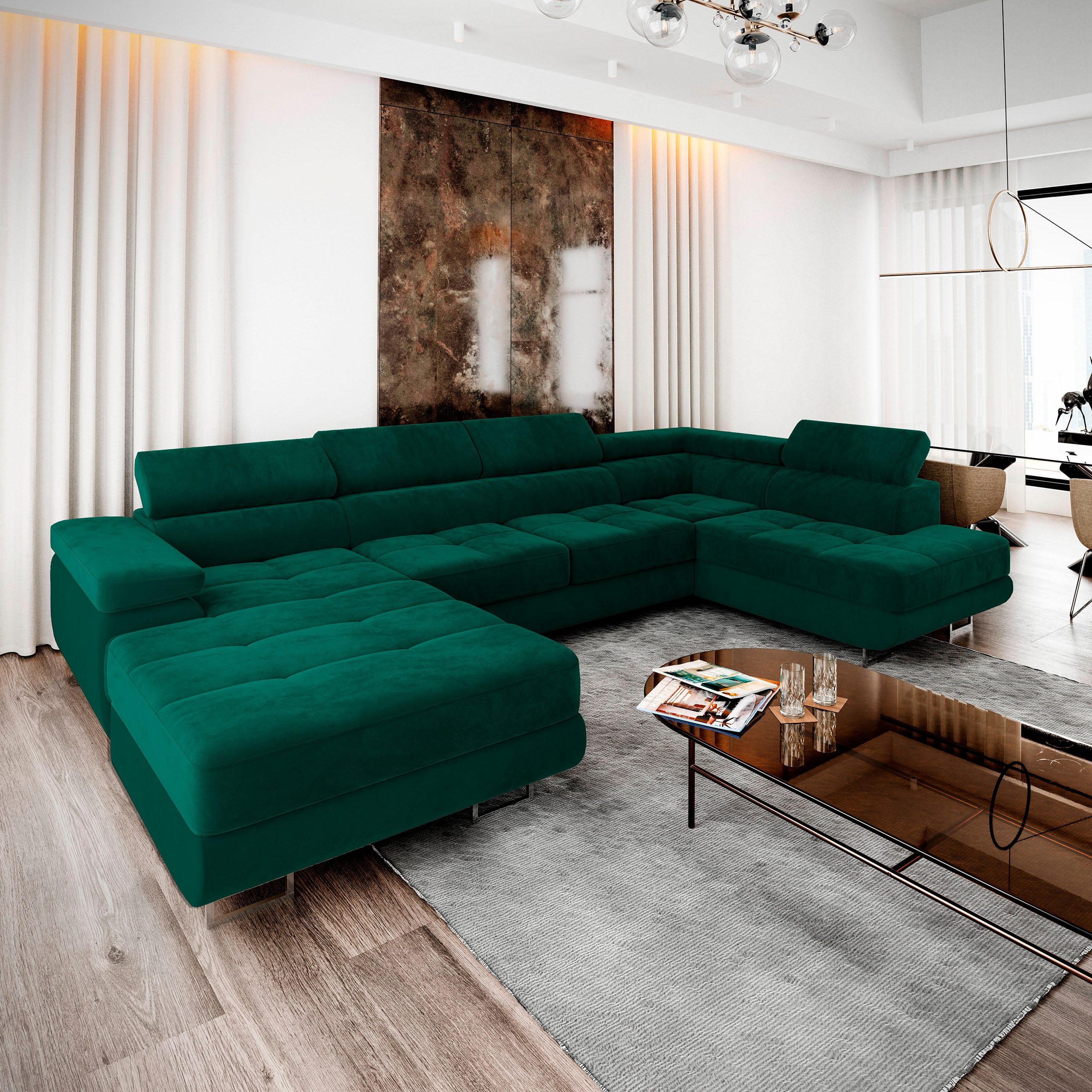 WOHNLANDSCHAFT CASONE R-S Grün Velours-Stoff mit Schlaffunktion - Grün, Holz (345/90/202cm) - MASSENO