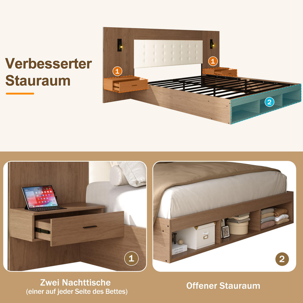 BETT 180/200 cm in Walnuss mit Ablagen, Leselampen und USB/Type-C MDF-Design - Walnussfarben, Holzwerkstoff/Metall (180/200cm) - STILVORA