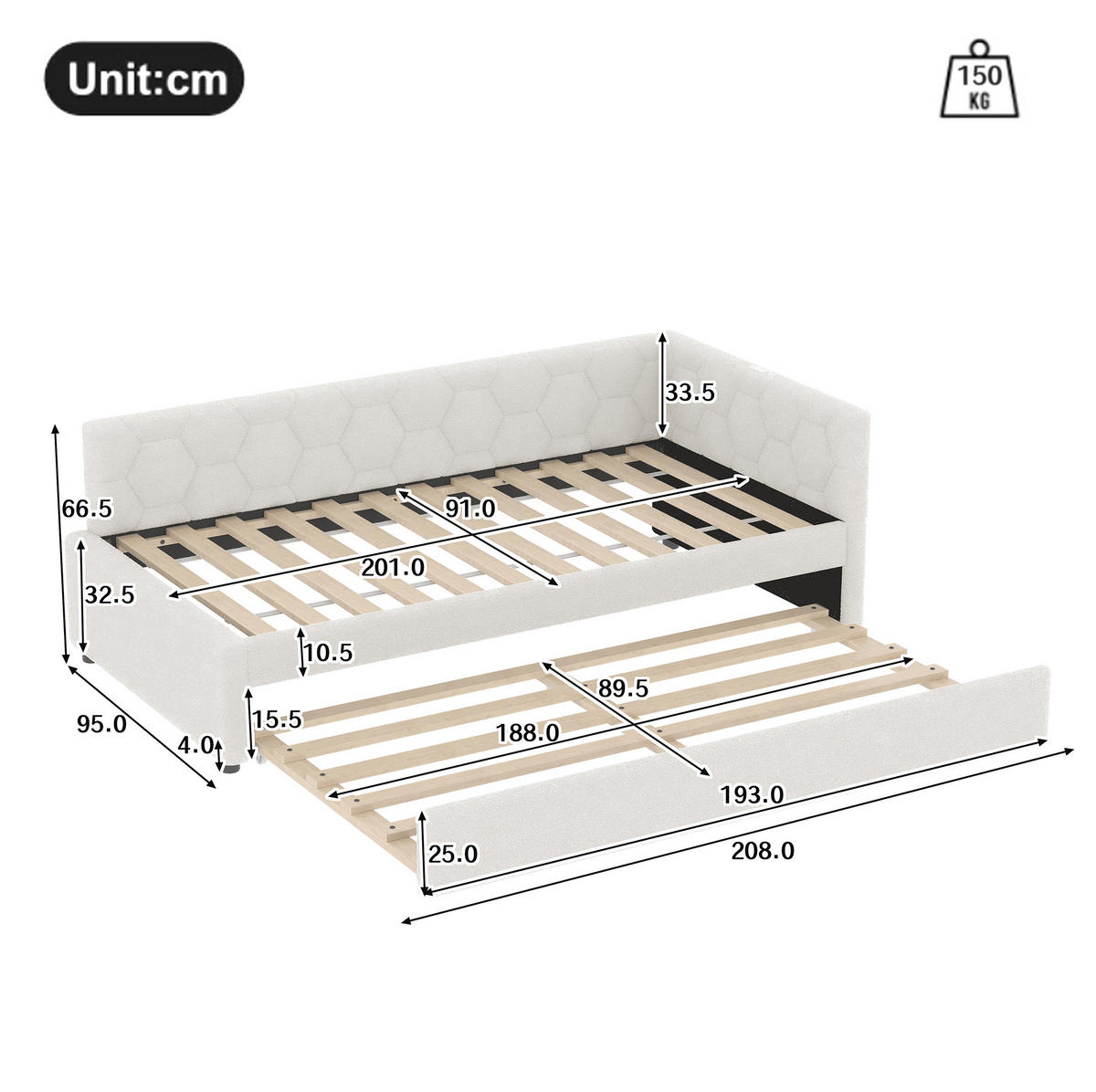TAGESBETT 90/200 cm mit Ausziehbett, USB- und Typ-C-Anschluss, Nachttischlampe und Lattenrost, Vliesimitat, Weiß - Weiß, Textil (90/200cm) - Redom