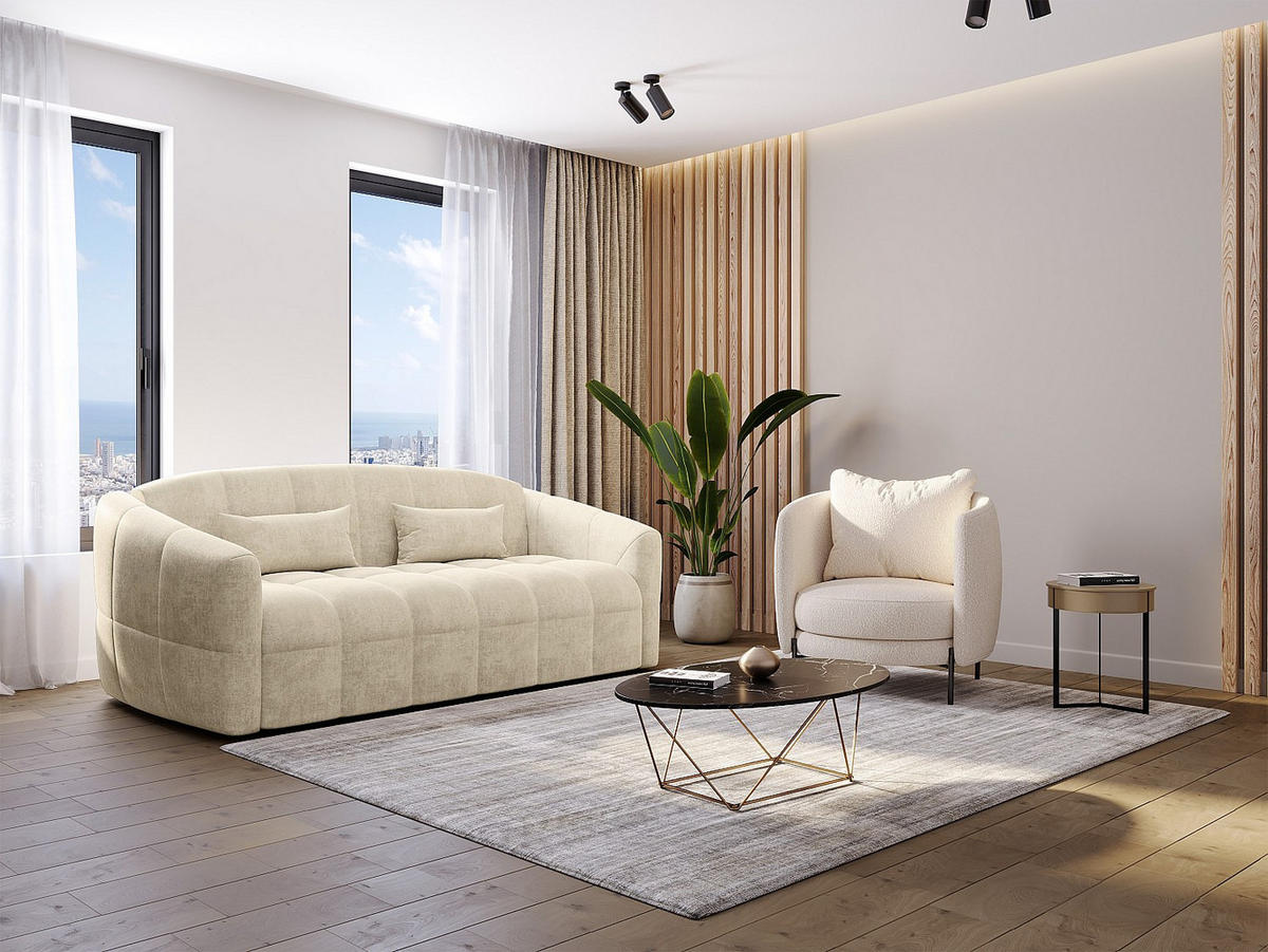 SOFA 3-Sitzer mit Schlaffunktion - Samt - Beige - Liegefläche 140 cm + Matratze 13 cm mit Memory-Schaum - RETUNA - Beige, Textil (200/90/208cm) - Vente-Unique