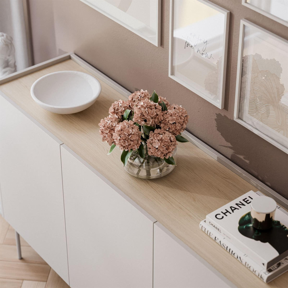 KOMMODE Dreitürige ESSENCE 3D K144 Kaschmir / Eiche Linea - Kaschmir/Eichefarben, Holzwerkstoff (144/86/37cm) - Lookway