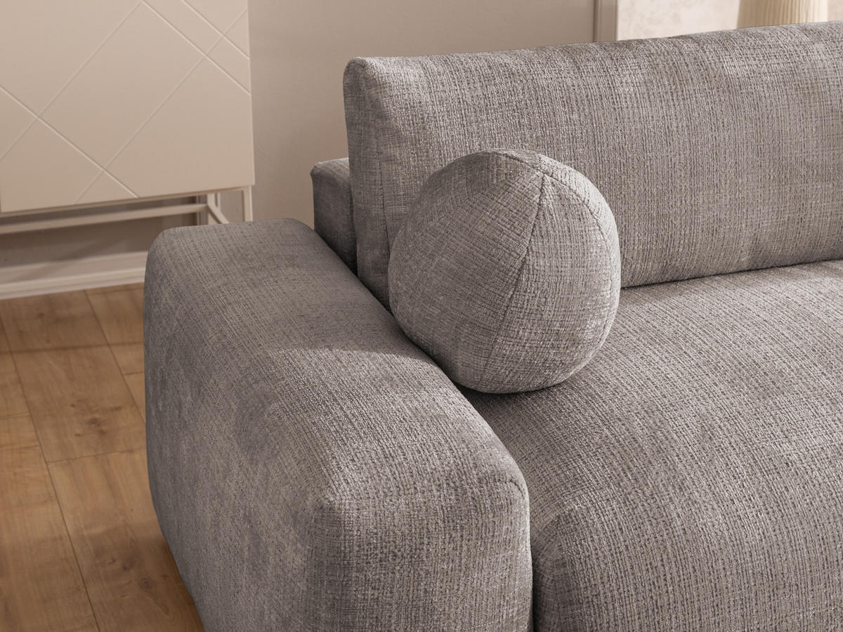 ECKSOFA Puffy mit Schlaffunktion und Bettkasten - besonders weich und puffig aus Taupe Chenille-Stoff - Ottomane rechts - Taupe/Schwarz, Holz/Kunststoff (266/138cm) - S-Style Möbel