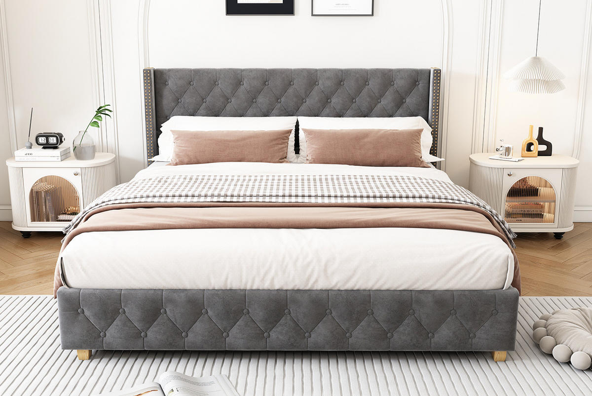POLSTERBETT aus Samt 180x200 cm Grau mit Lattenrost, Knopfheftung und Nietenbesatz - Grau, Textil (180/200cm) - Modfu