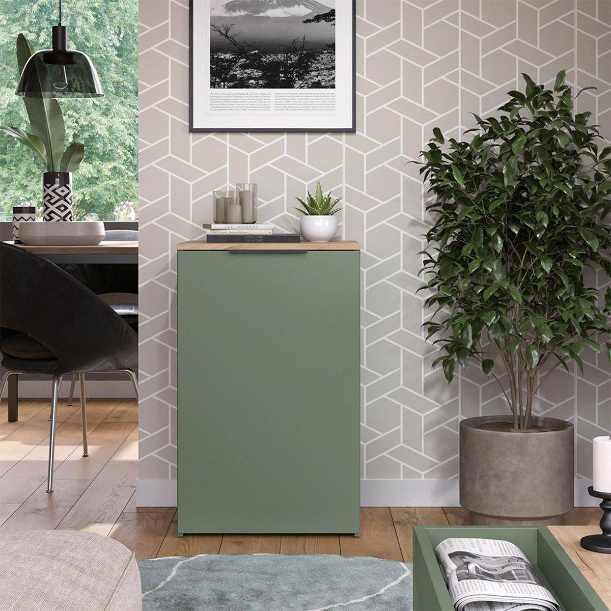KOMMODE Wido Grün 50 x 80 cm mit Regal - Grün/Sonoma Eiche, Holzwerkstoff (50/80/40cm) - Vicco