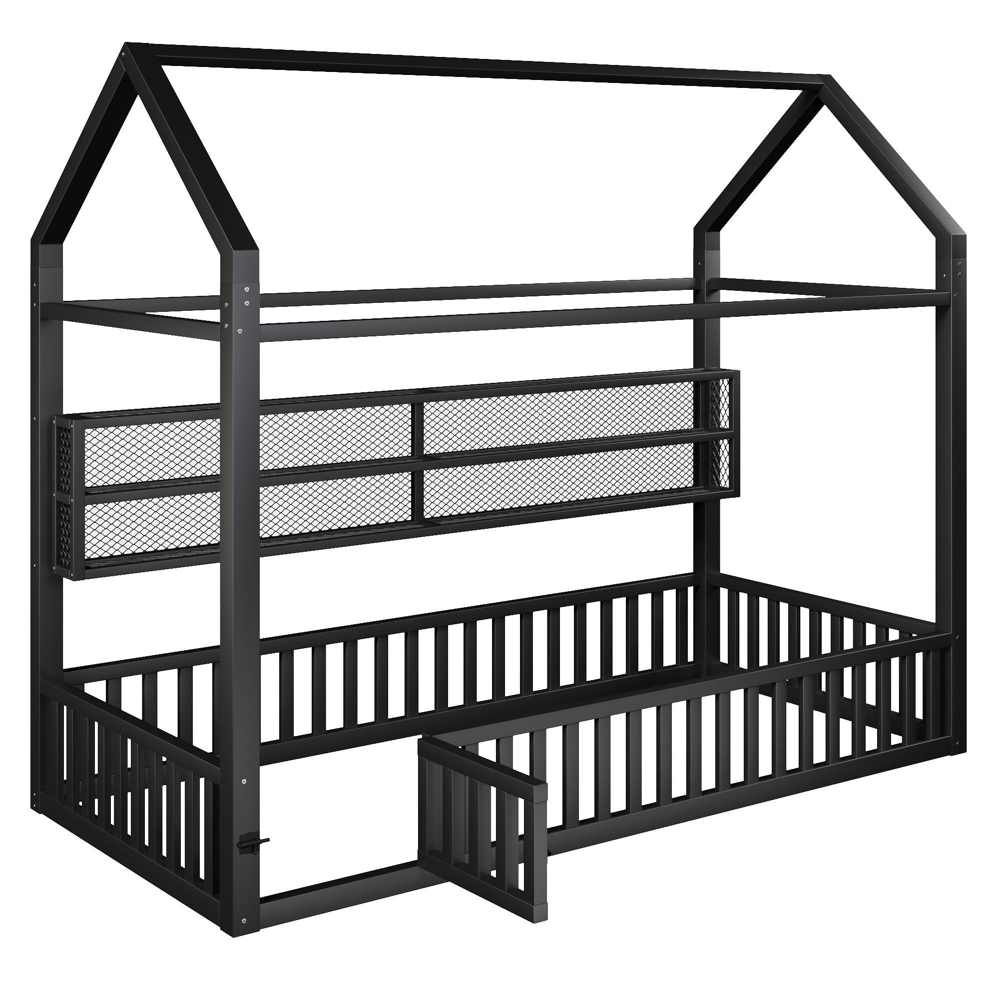 KINDERBETT 90/200 cm mit LED-Beleuchtung, Sicherheitszaun und Hausform aus Metall, Schwarz - Schwarz, Metall (90/200cm) - Redom