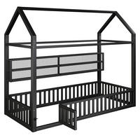 KINDERBETT 90/200 cm mit LED-Beleuchtung, Sicherheitszaun und Hausform aus Metall, Schwarz - Schwarz, Metall (90/200cm) - Redom