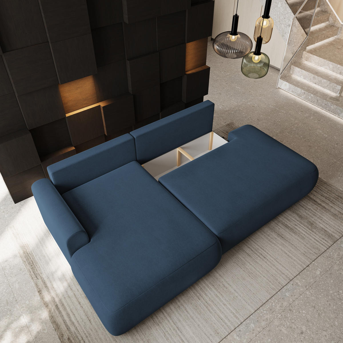 ECKSOFA NUVIRA CL L-S Blau Samtstoff mit Schlaffunktion - Blau, Holzwerkstoff/Textil (279/158cm) - MASSENO