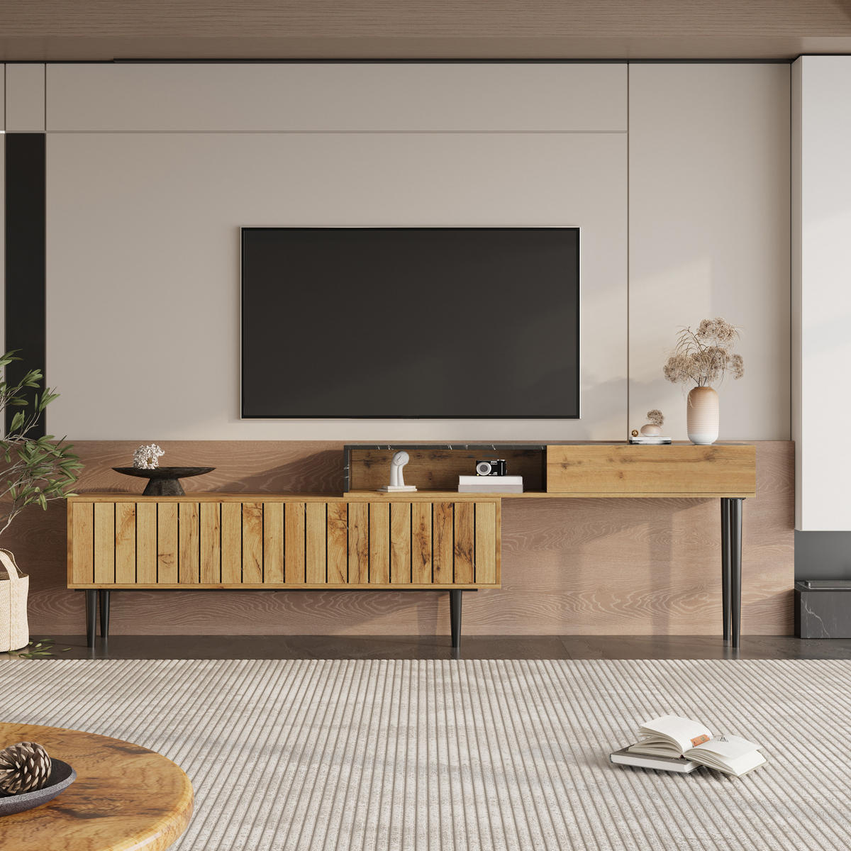 TV-STÄNDER mit Regalfächern MDF in Marmor- und Holzoptik - Braun, Holzwerkstoff (30/58/129cm) - Beauniv