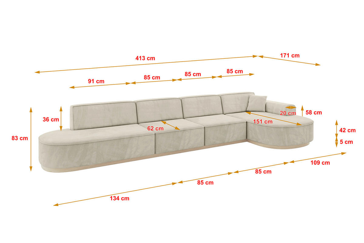 ECKSOFA Ottomane Rechts MARI-L3-v1 - 413x171x83 cm Ecru Velours - Ecru, Holzwerkstoff/Textil (171/413cm) - ALTDECOR