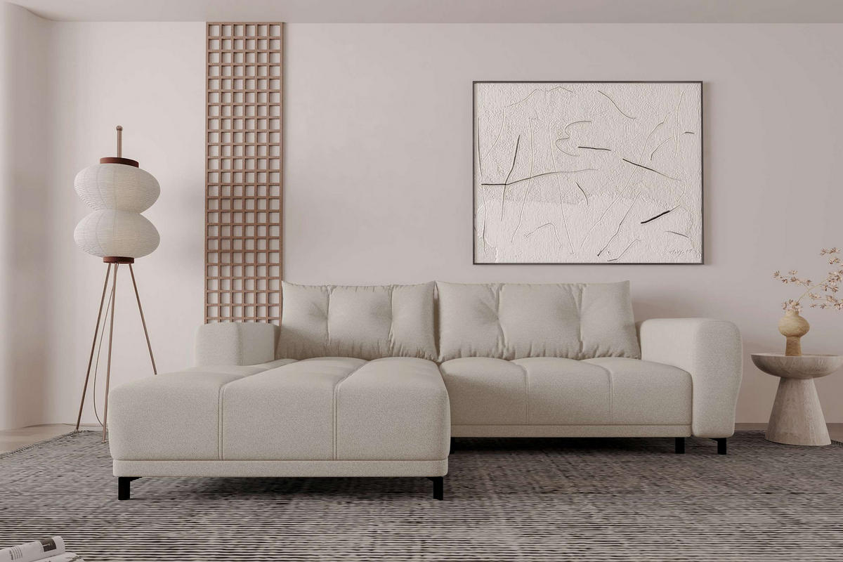 ECKSOFA Massimo Strukturstoff Beige inkl. Schlaffunktion Links - Beige/Schwarz, Textil/Metall (246/177cm) - 99rooms