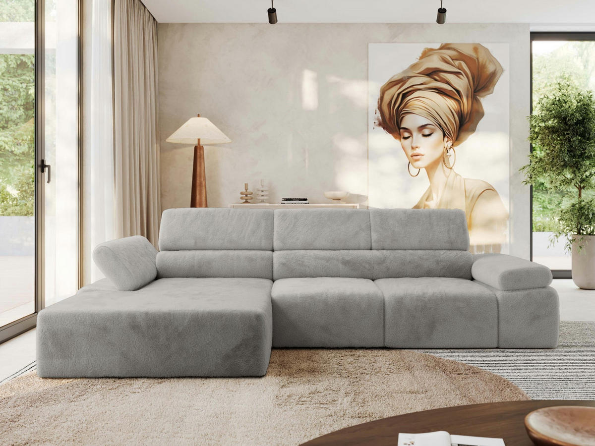 ECKSOFA RILASSO L Hellgrau Plüsch - links - Hellgrau/Schwarz, Kunststoff/Textil (296/174cm) - MKS