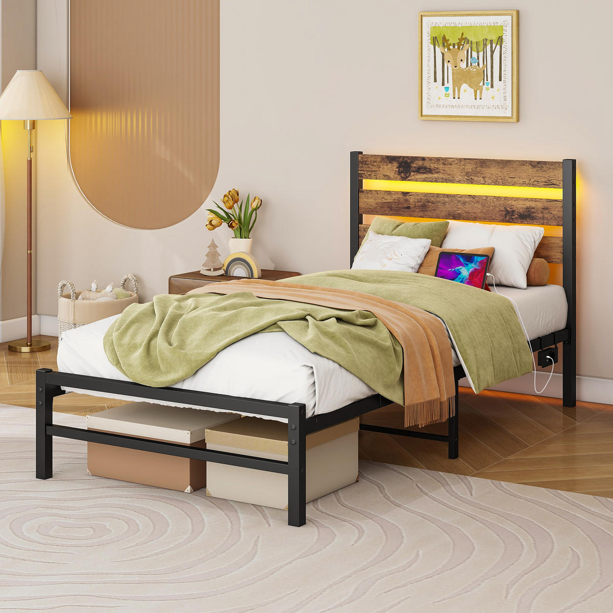 METALLBETT 90/200 cm Braun mit USB-Ladestation und LED-Bettrahmen - Braun, Metall (90/200cm) - Oxeza
