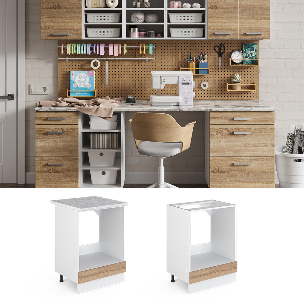 UNTERSCHRANK R-Line Sonoma 60 cm mit Großnische, ohne AP - Weiß/Sonoma Eiche, Holzwerkstoff (60/81.6/46cm) - Vicco
