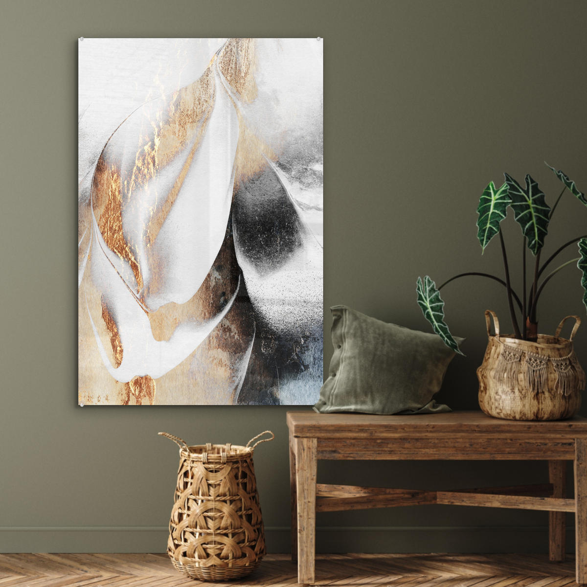 ACRYLGLASBILD Luxus - Abstrakt - Gold - Weiß 60x90 cm - Goldfarben, Glas (60/90cm) - MuchoWow