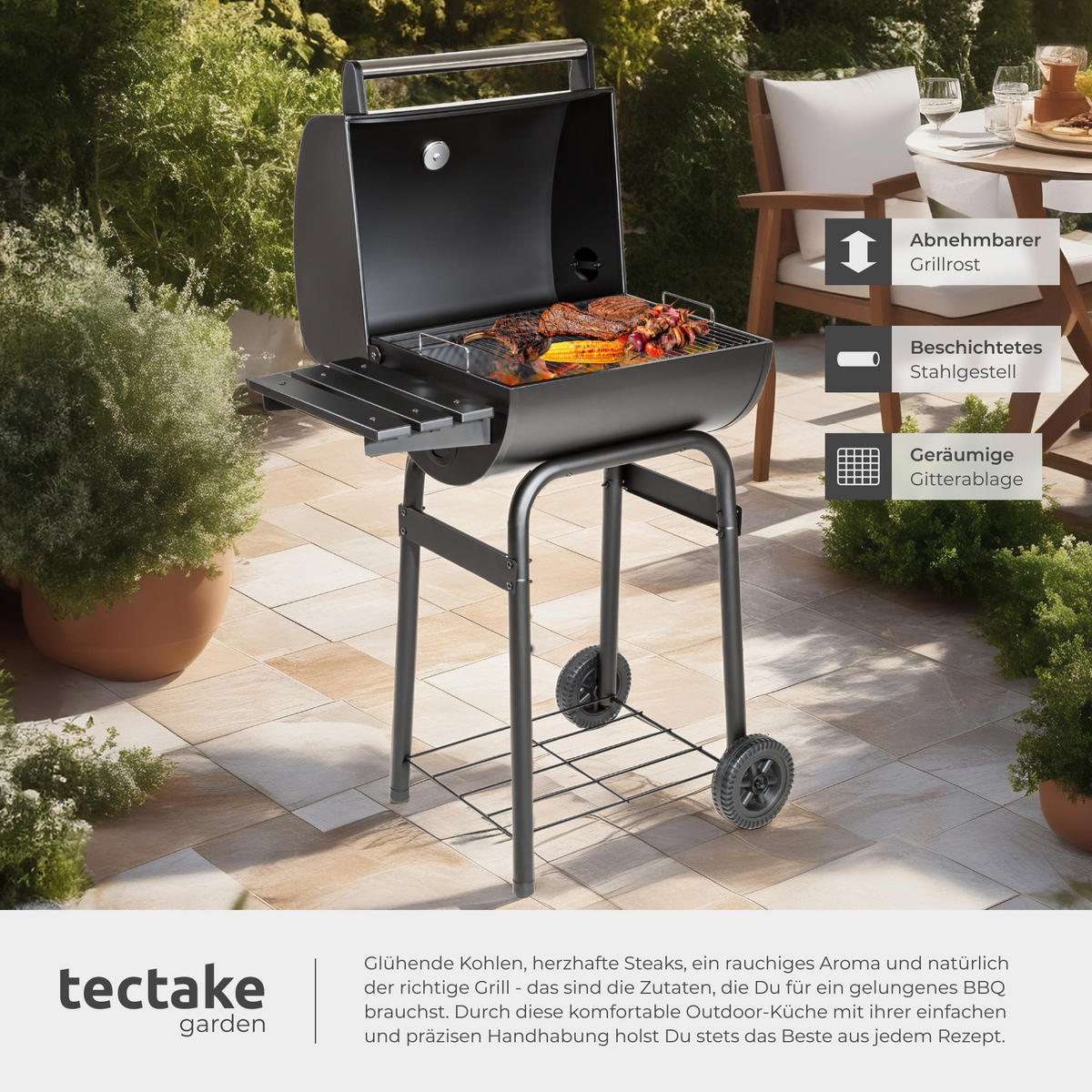 HOLZKOHLEGRILL ,85 x 48 x 123 cm,schwarz - Schwarz, Metall (48/123/85cm) - tectake
