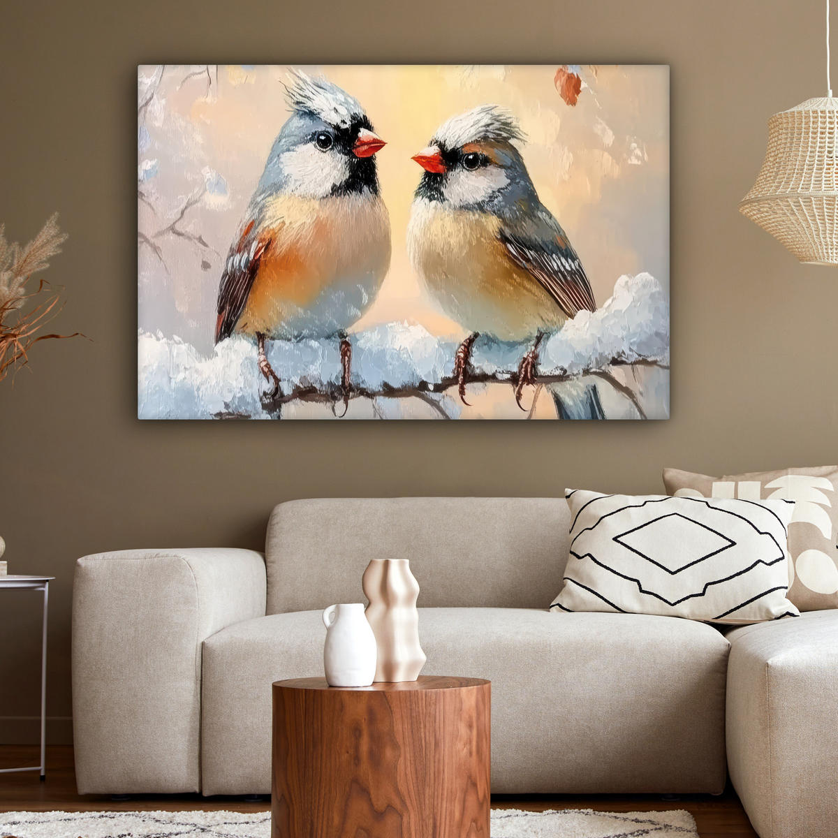 LEINWANDBILD Vögel - Zweig - Winter - Schnee XXL 150x100 cm - Pastellblau, Textil (150/100cm) - MuchoWow