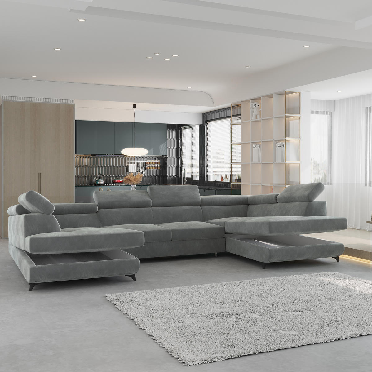 WOHNLANDSCHAFT VINTESSA Grau Velours-Stoff mit Schlaffunktion - Grau, Holz (323/89/190cm) - MASSENO