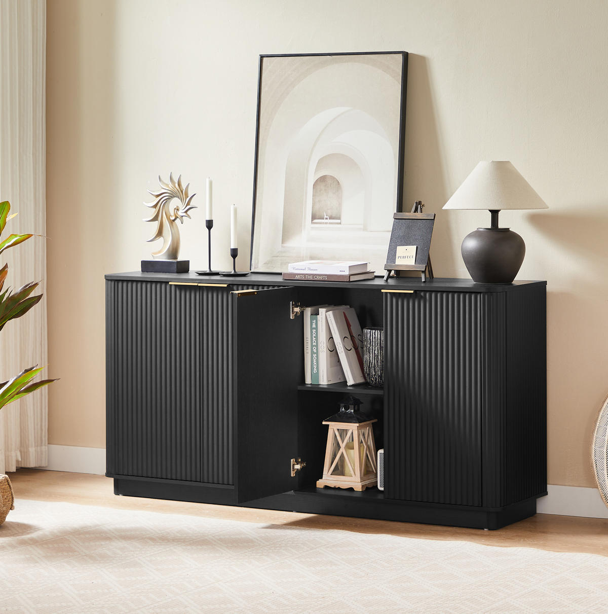 SIDEBOARD 160/40/80 cm aus MDF mit 4 Türen, Stauraum und Wellenfront, Schwarz - Schwarz, Holzwerkstoff (160/80/40cm) - Redom