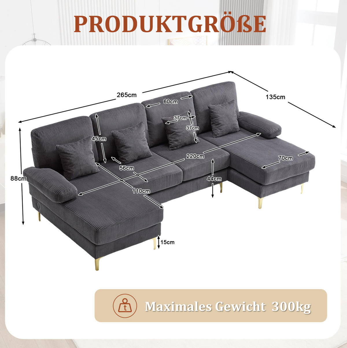 WOHNLANDSCHAFT 265/135/88 cm in Grau mit LED-Beleuchtung und USB-Anschluss - Grau, Textil (135/88/265cm) - Flora Grace