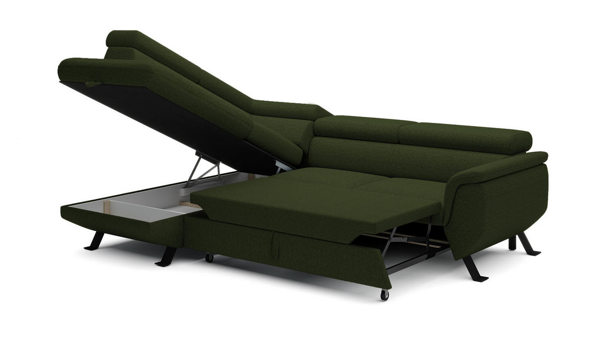 ECKSOFA RAVEN L mit Schlaffunktion und Bettkasten, Freistehend, Polstersofa mit Verstellbaren Kopfstützen, 257x198x96 cm, Linke, Dunkelgrün - Waldgrün, Holz/Textil (198/256cm) - DomoHome