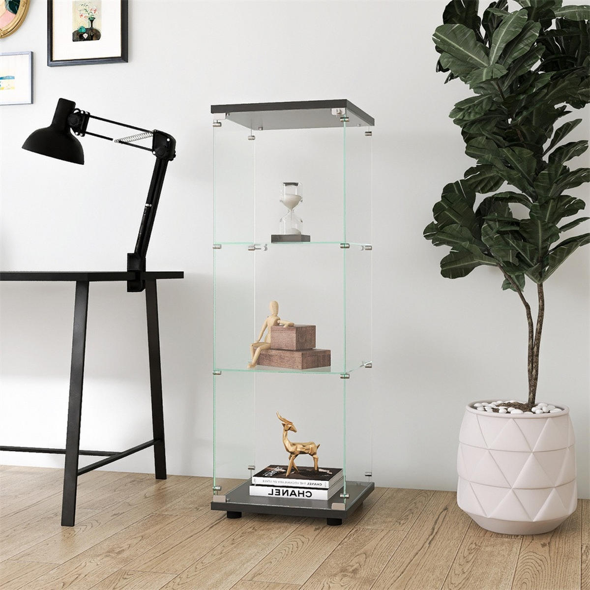 VITRINE - Glasvitrine mit 1 Tür und 3 Ebenen - rahmenloses Design - Schwarze Decken- und Bodenplatte - Schwarz, Glas (42.4/125.2/36.3cm) - DELFA