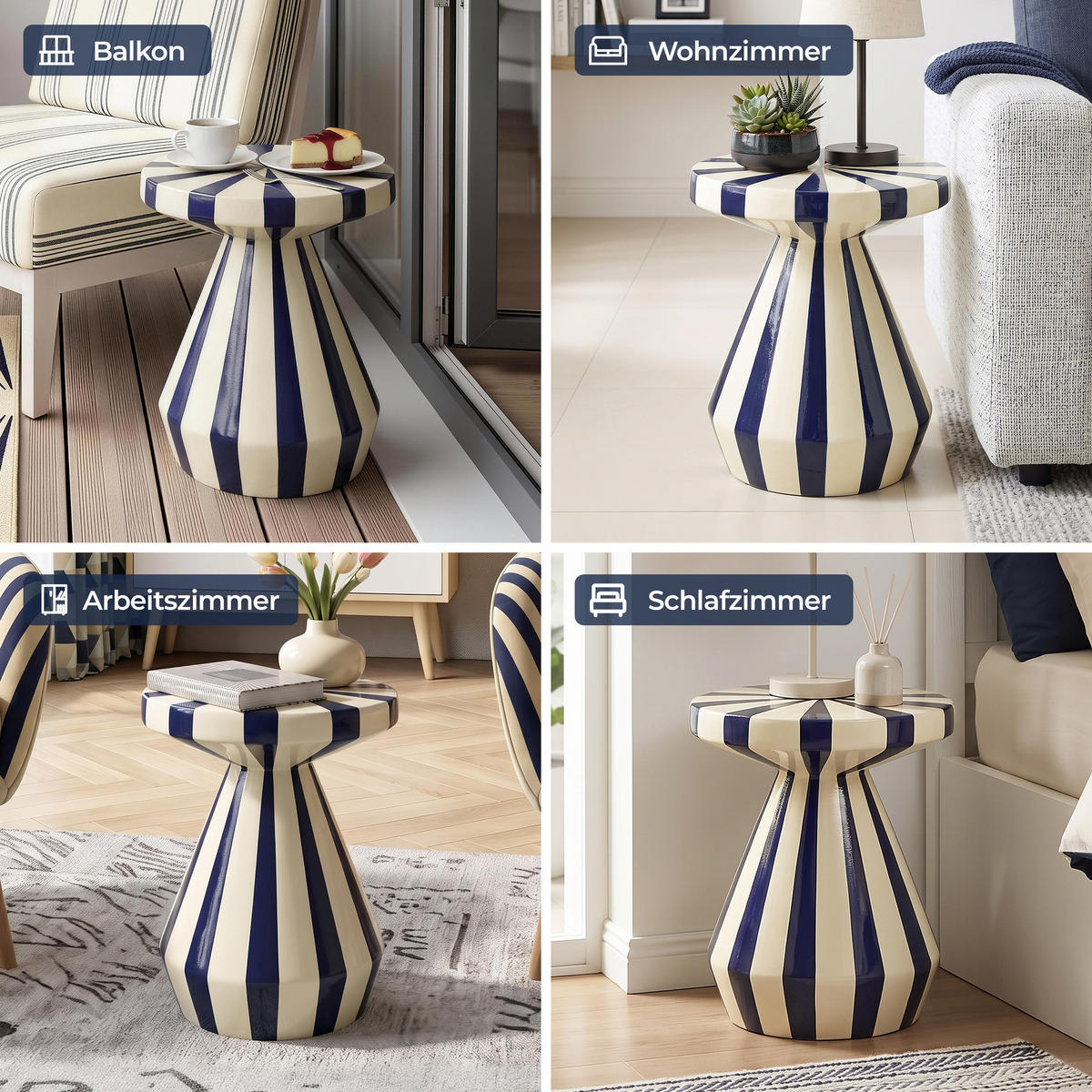 BEISTELLTISCH Rund Magnesiumoxid (MgO) mit Marineblau-Creme Gestreift - Blau, Naturmaterialien (34/34/40cm) - Hometopia
