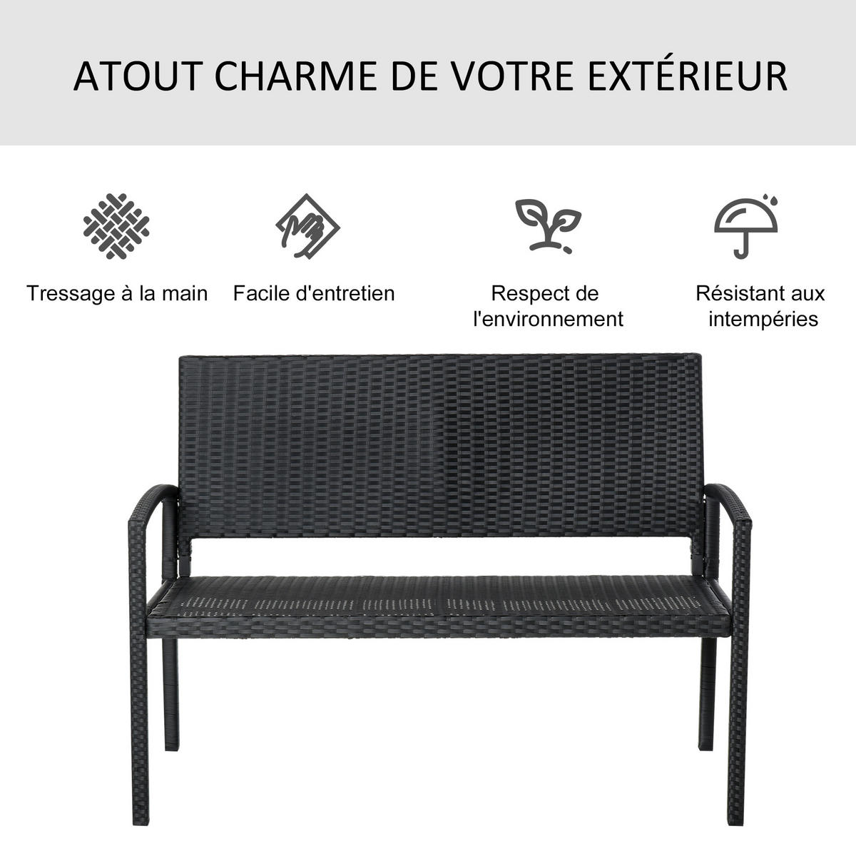 GARTENBANK DE-13551 2-Sitzer, geflochtene Resine Schwarz - Schwarz, Kunststoff/Metall (122/87/60cm) - ComfortXL