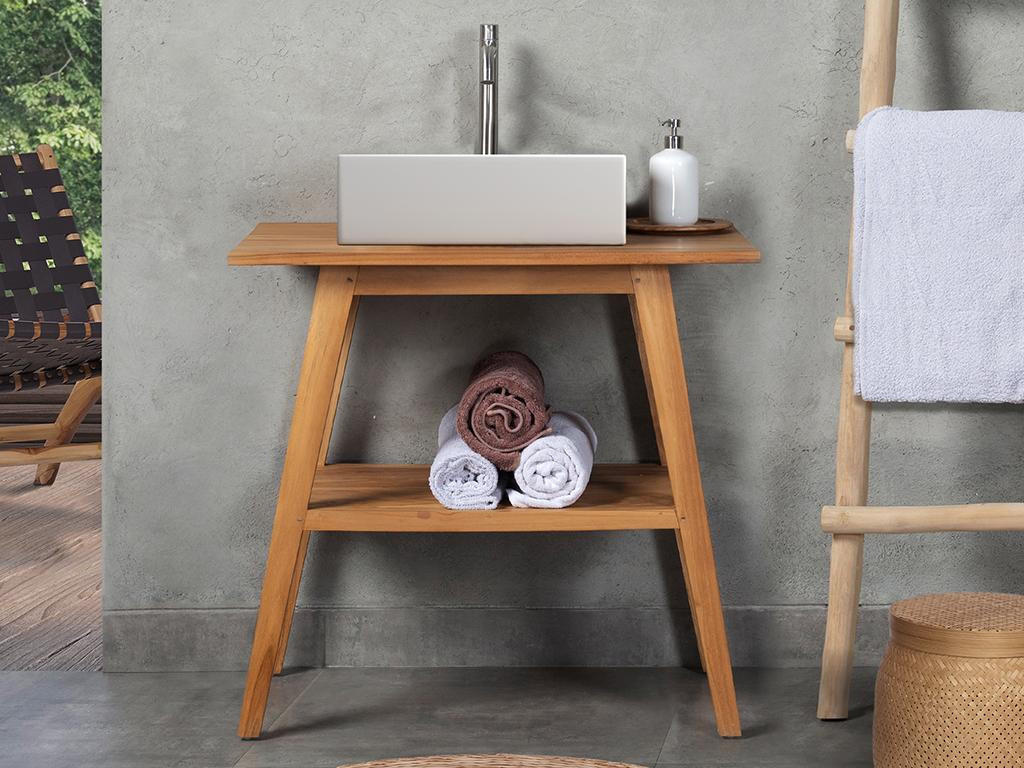 BADMÖBEL mit Einzelwaschbecken - Teakholz - 80 cm - BOBOTSARI - Naturfarben/Weiß, Keramik (55/76/80cm) - Vente-Unique