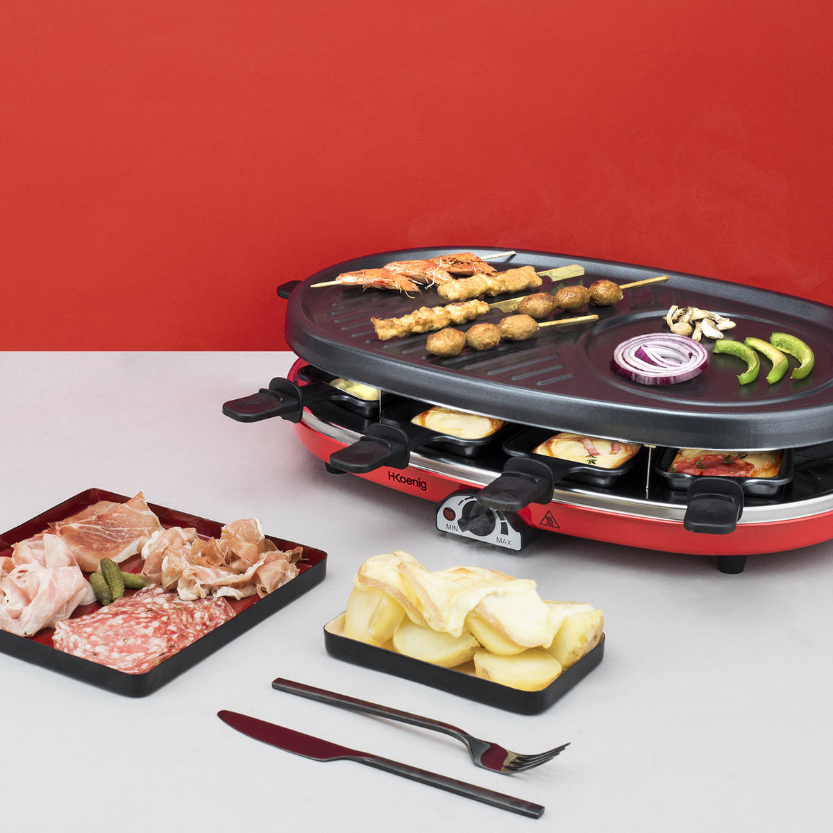 RACLETTE-GERÄT RP418, Rot und Grau, 4 in 1 Raclette für 8 Personen - Grau, Stein (27.7/14/44.6cm) - HKoenig