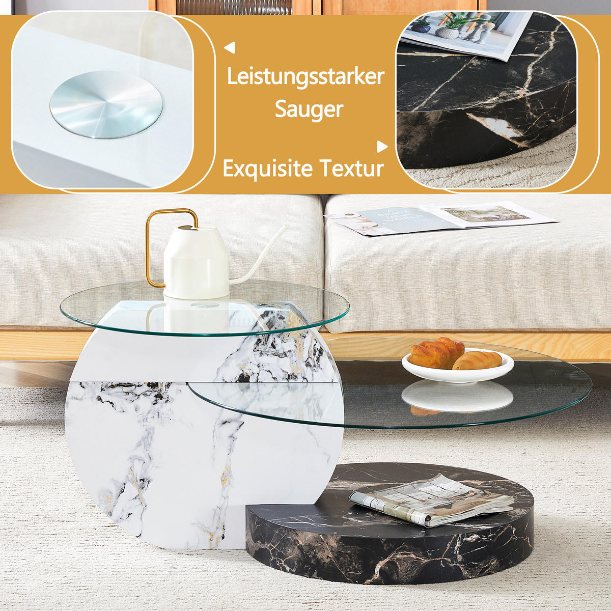 COUCHTISCH Ø 50/70 cm Transparent Weiß Schwarz MDF Glas 2 Ebenen mit Marmoroptik - Transparent, Holzwerkstoff (90/70/44cm) - OKWISH