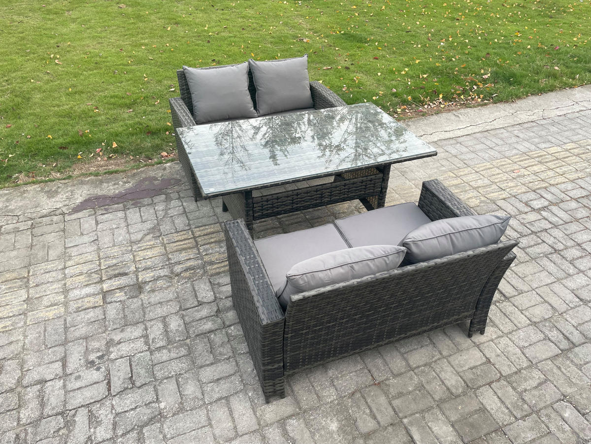 GARTENMÖBELSET mit 2-Sitzer Sofa,Esstisch Polyrattan Dunkelgrau 4-Sitzer - Dunkelgrau/Grau, Glas/Kunststoff - Fimous