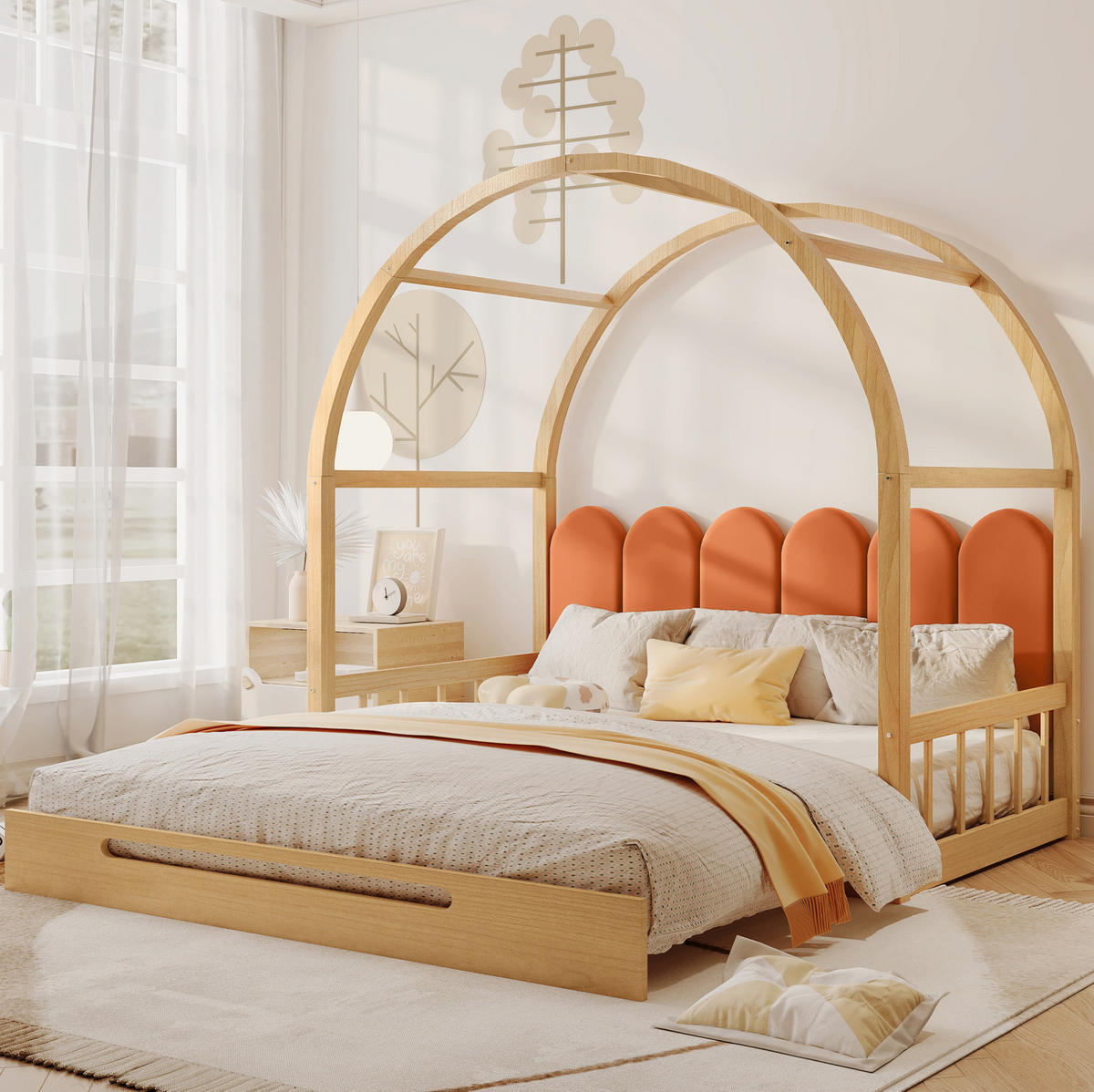 KINDERBETT aus Kiefer und MDF 140x200 cm Natur/Orange ausziehbar mit Dachrahmen, Kissen und 3-seitigem Schutz - Naturfarben, Holzwerkstoff (140/200cm) - Modfu