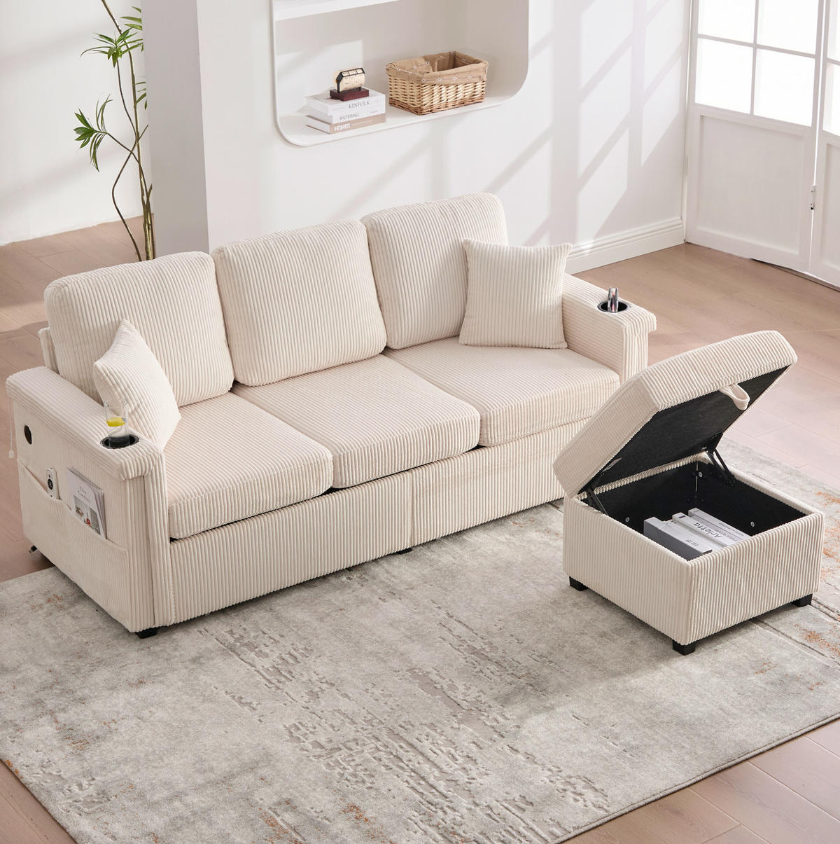 SOFA mit LED und USB/Type-C 194 x 73 x 81 cm Corduroy Beige - Beige, Kunststoff (194/81/73cm) - Meubliv