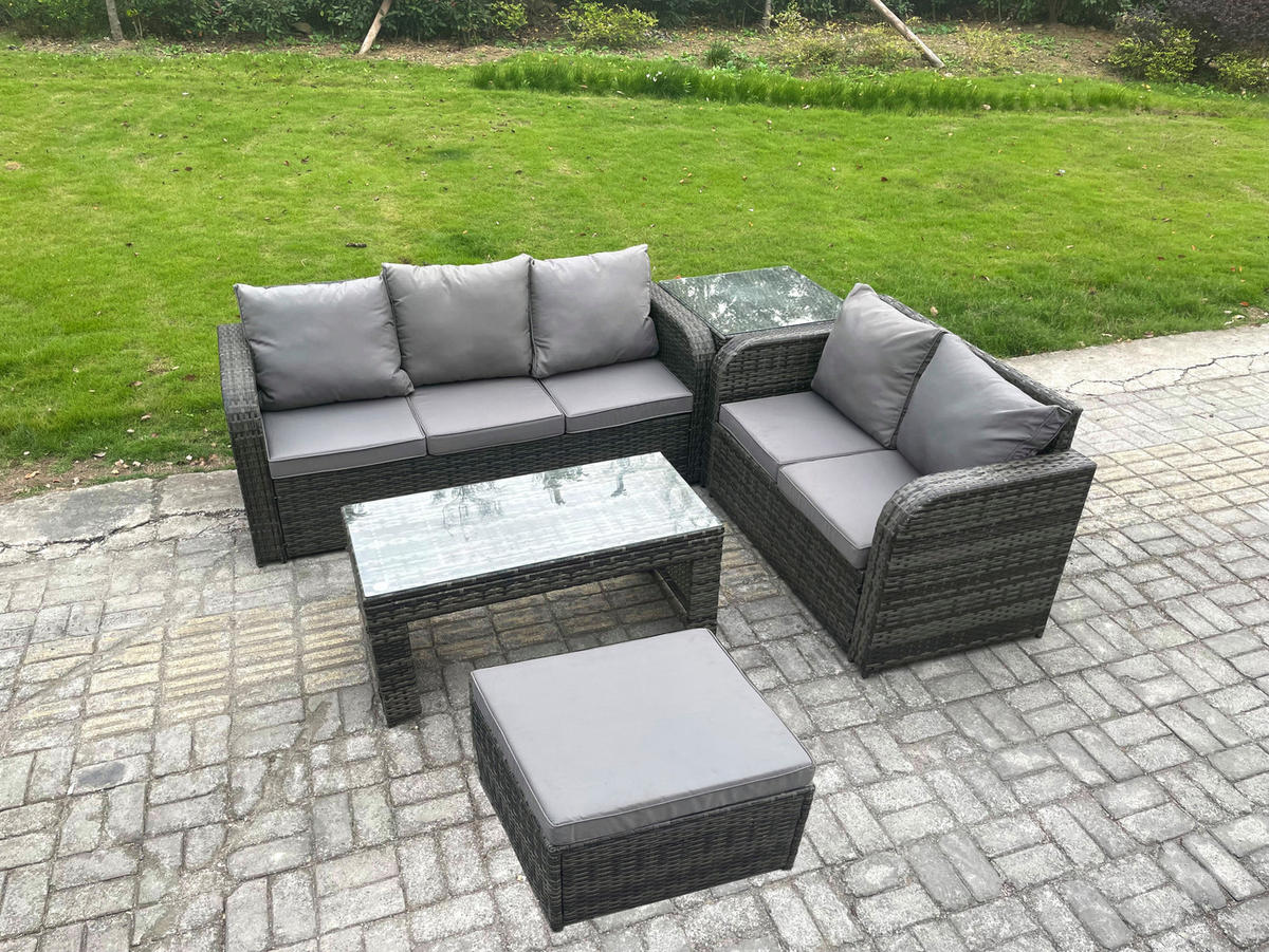 GARTENSOFA SET mit COUCHTISCH BEISTELLTISCH Polyrattan 6-Sitzer - Dunkelgrau/Grau, Glas/Kunststoff - Fimous