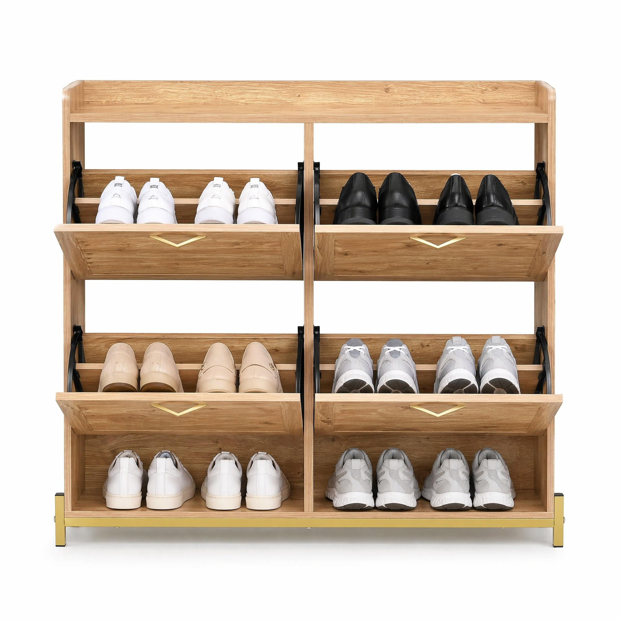 SCHUHSCHRANK in Naturfarben Schuhkipper mit 4 Türen für Eingangsbereich und Flur, B108.5/T24/H100 cm - Goldfarben/Naturfarben, Holzwerkstoff/Metall (108.5/100/24cm) - STILVORA