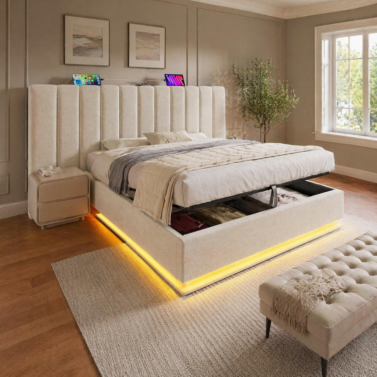 POLSTERBETT 160/200 mit Bettkasten, LED und USB in Beige - Beige, Holzwerkstoff/Textil (160/200cm) - EVRYAE