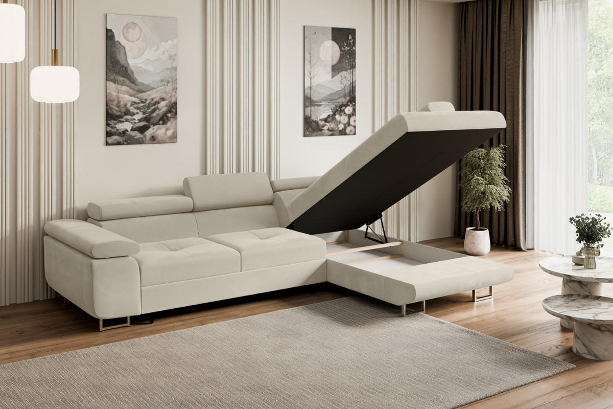 ECKSOFA mit Schlaffunktion und Bettkasten GUSA-L 272x202x107 cm Beige Velours - Beige/Silberfarben, Holzwerkstoff/Textil (272/202cm) - ALTDECOR
