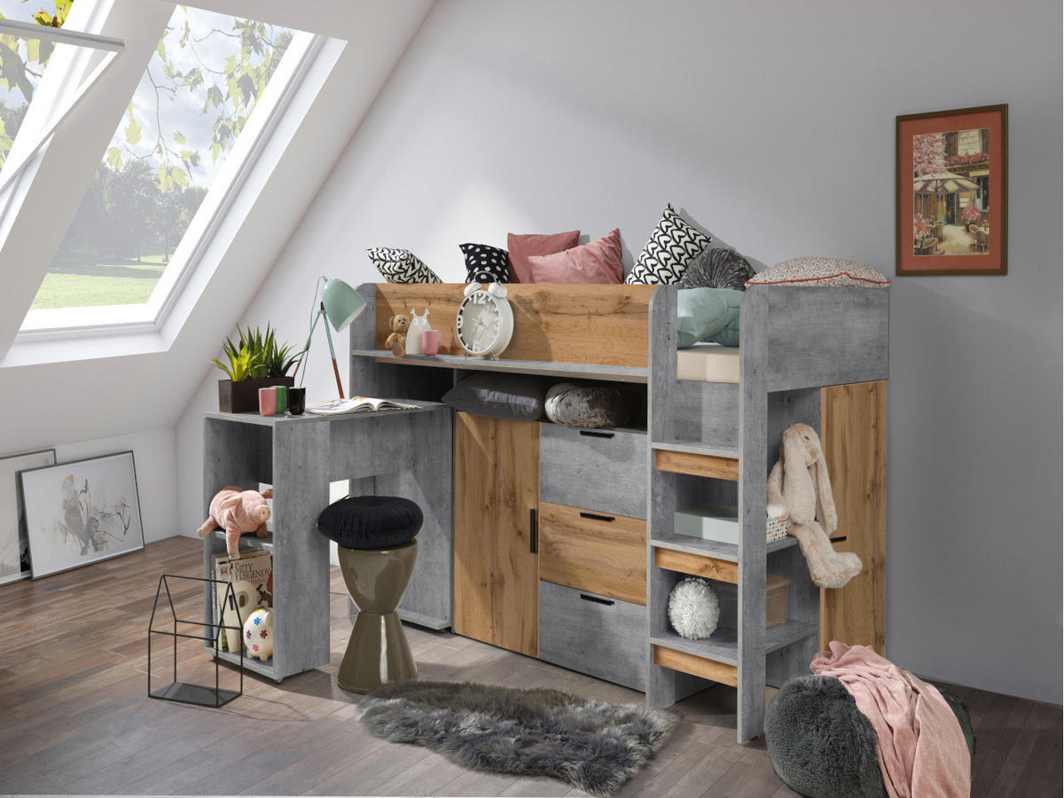 HOCHBETT mit Schreibtisch 90/200 cm - Eiche Wotan/Schwarz, Holz (90/200cm) - Abiks Möbel